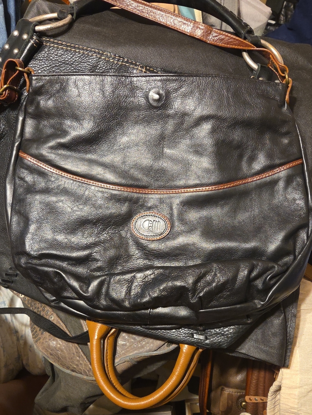 Black Leather Messenger Bag with Brown Trim